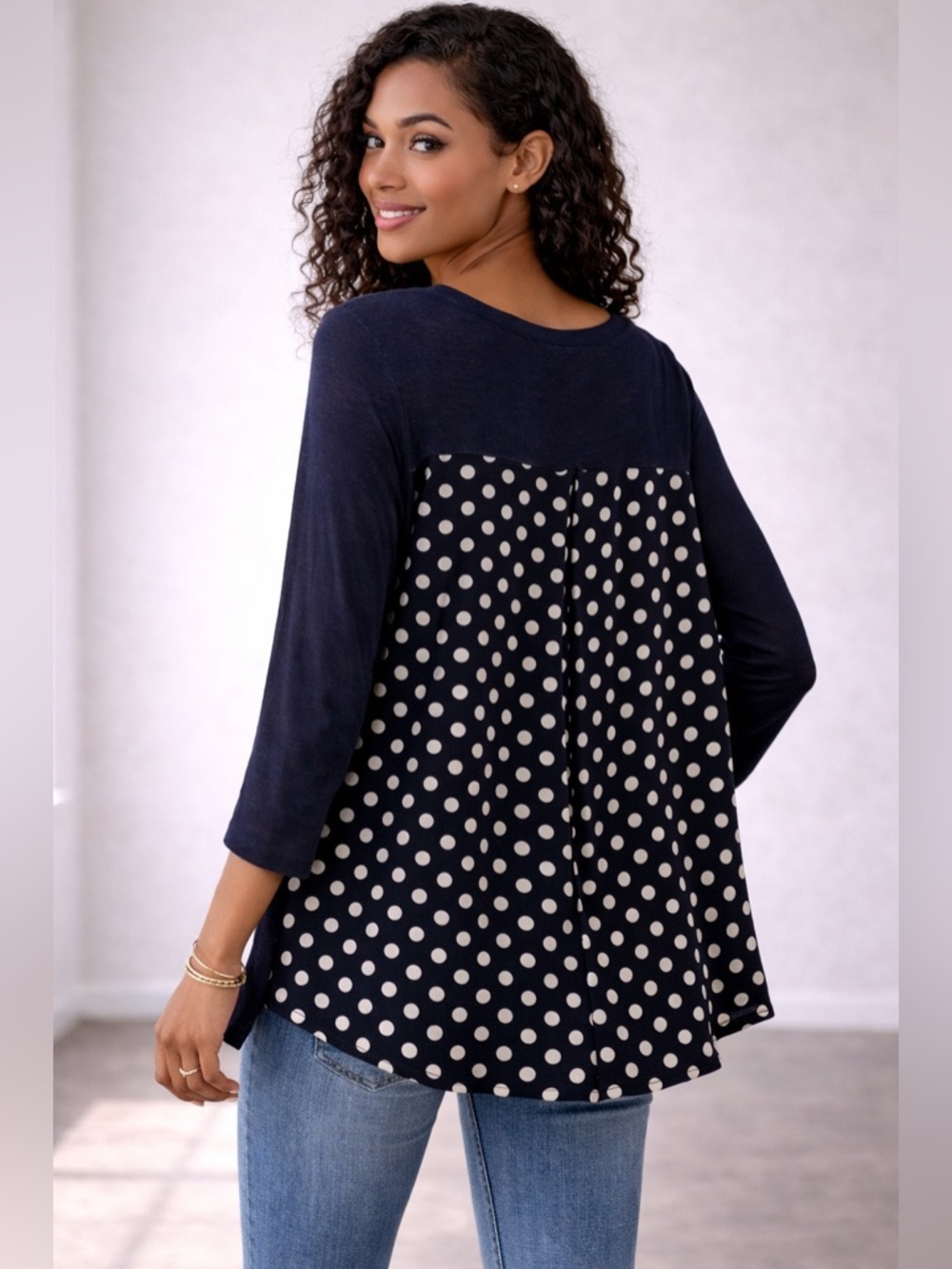 Paper Moon Navy Tunic Top Polka Dot Back Detail |3/4 Sleeve |Small